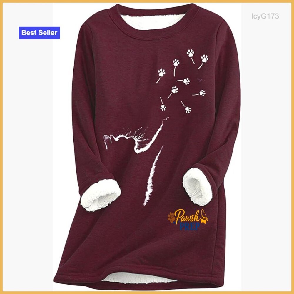 Women's Sherpa Fleece Lined Pullover Sweatshirt Cat Paw Print Plus Size